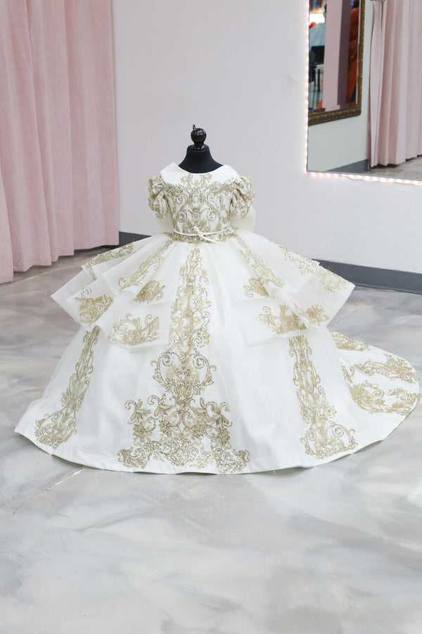 Ivory & Gold Royal Mini Quinceañera Gown — girls quinceañera dress at Boutique Moroleón Sacramento