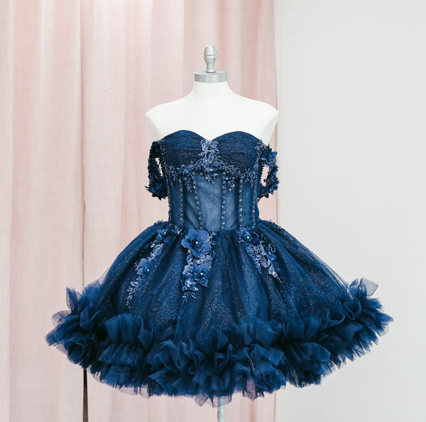 BM1-01 Navy Off-Shoulder Floral Corset Baile Sorpresa Dress — Baile Sorpresa dress Sacramento CA — Boutique Moroleon