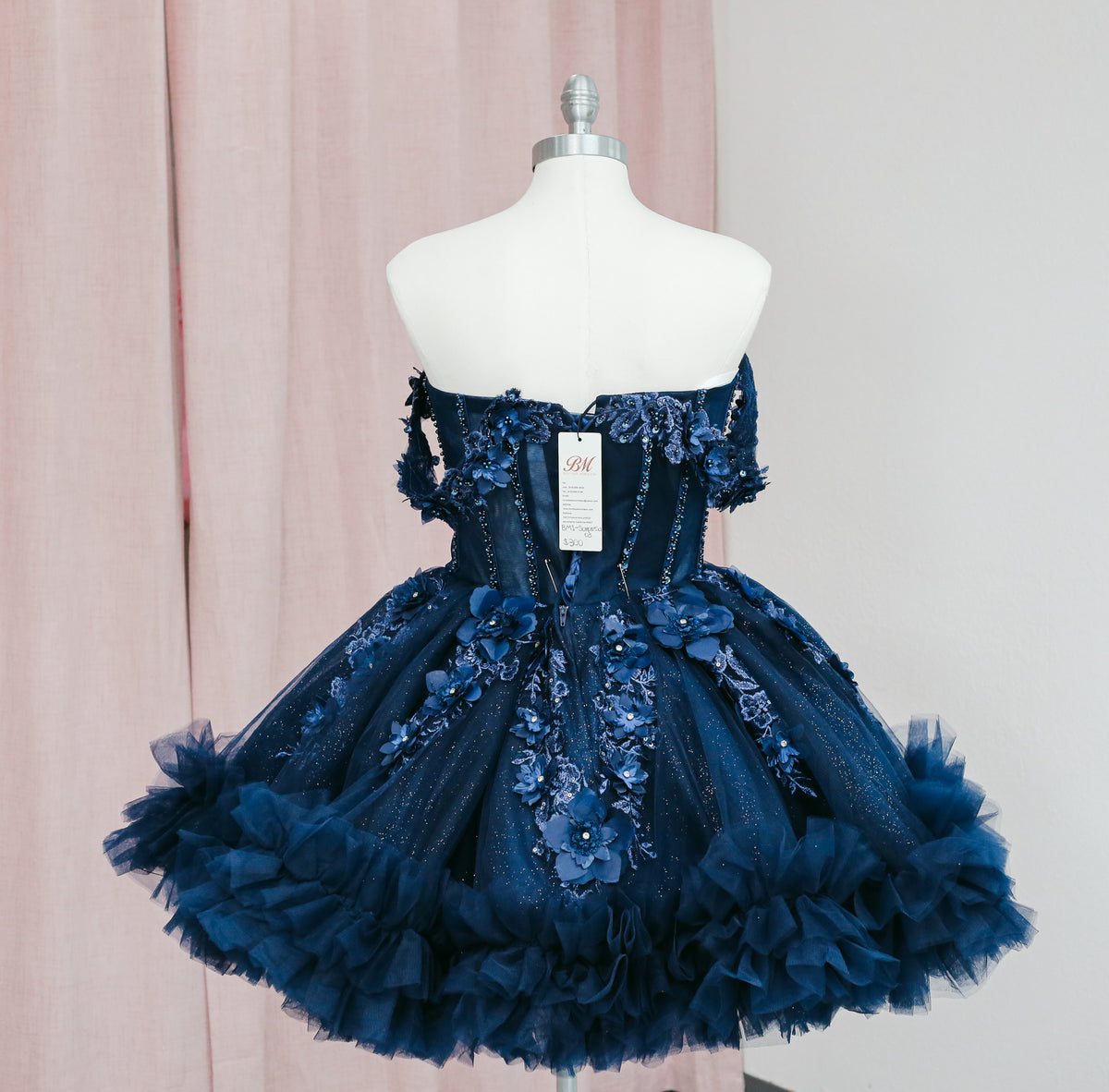 BM1-02 Navy Off-Shoulder Floral Corset Baile Sorpresa Dress
