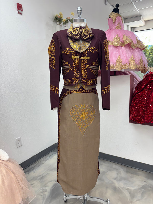 Traje Charro Burgandy/Cafe Mujer Economico — Charro suit Sacramento CA — Boutique Moroleon