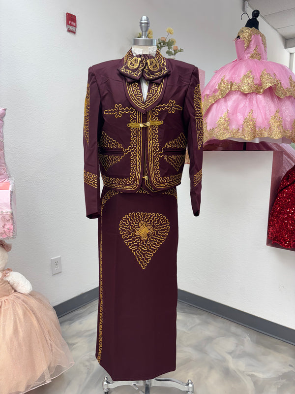Traje Charro Burgandy/Oro Mujer Economico — Charro suit Sacramento CA — Boutique Moroleon