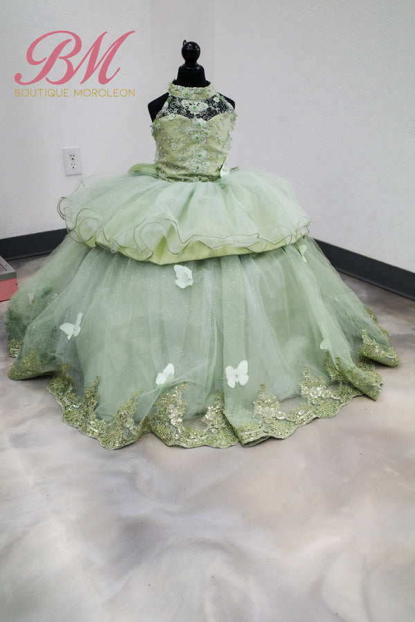 Mini Quince Dress color Sage — girls quinceañera dress at Boutique Moroleón Sacramento