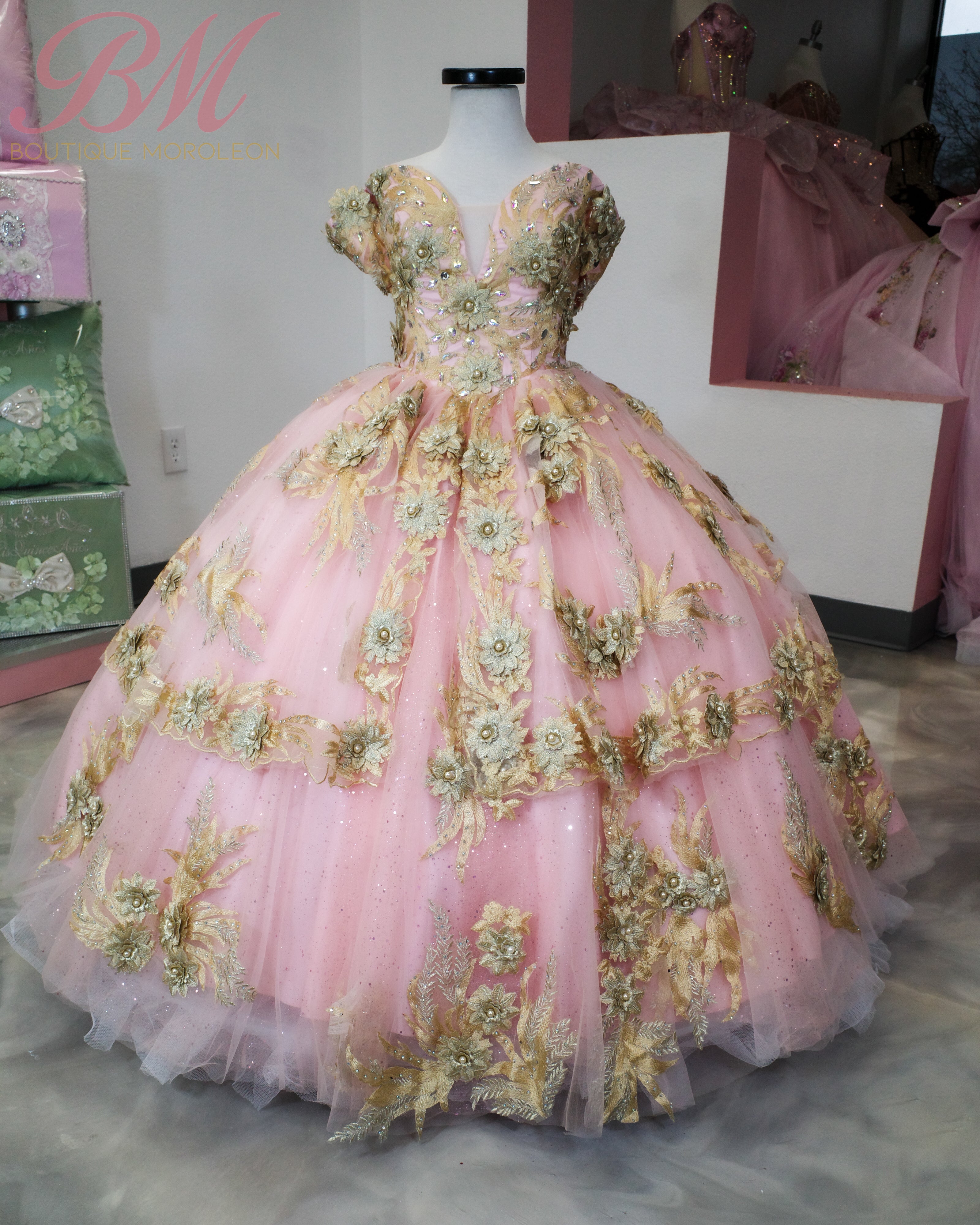 Mini Quinceaera Dress in Pink with Gold Accents Mini Quinceaera Dress in Pink with Gold Accents
