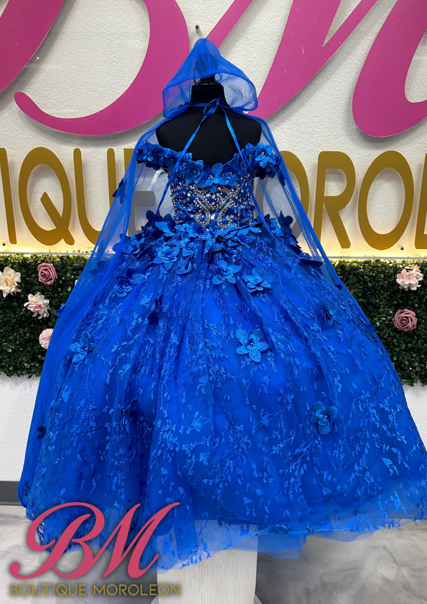 Mini Dress Blue Hooded Cape — girls quinceañera dress at Boutique Moroleón Sacramento