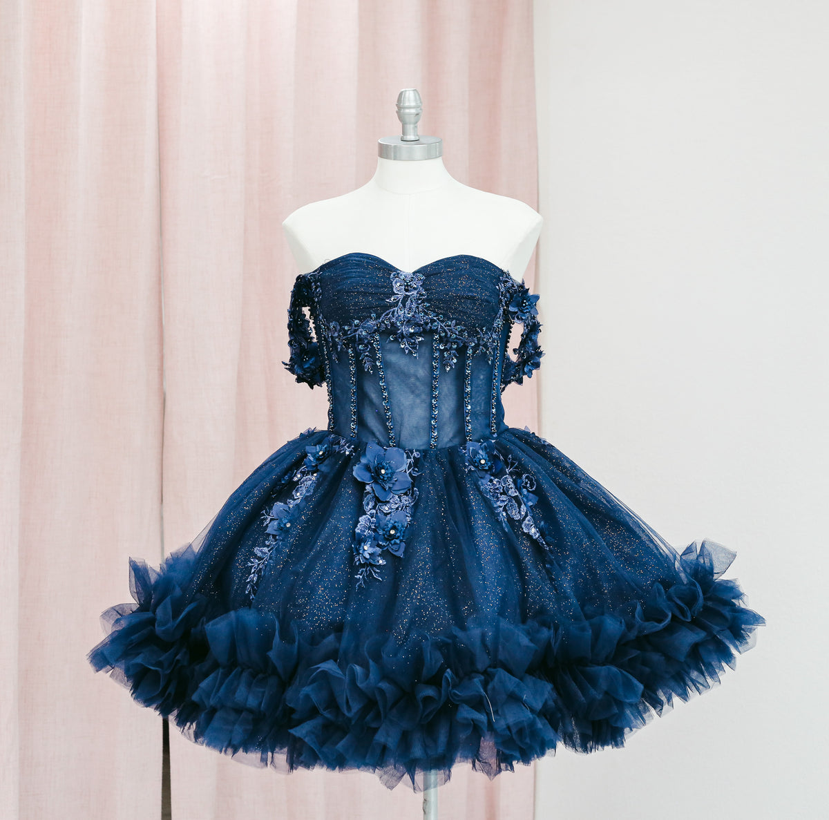 BM1-02 Navy Off-Shoulder Floral Corset Baile Sorpresa Dress