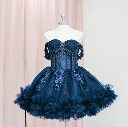 BM1-02 Navy Off-Shoulder Floral Corset Baile Sorpresa Dress