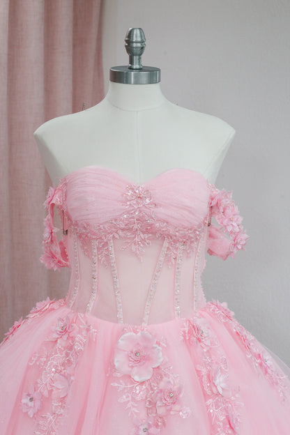 BM1-02 Pink Off-Shoulder Floral Corset Baile Sorpresa Dress