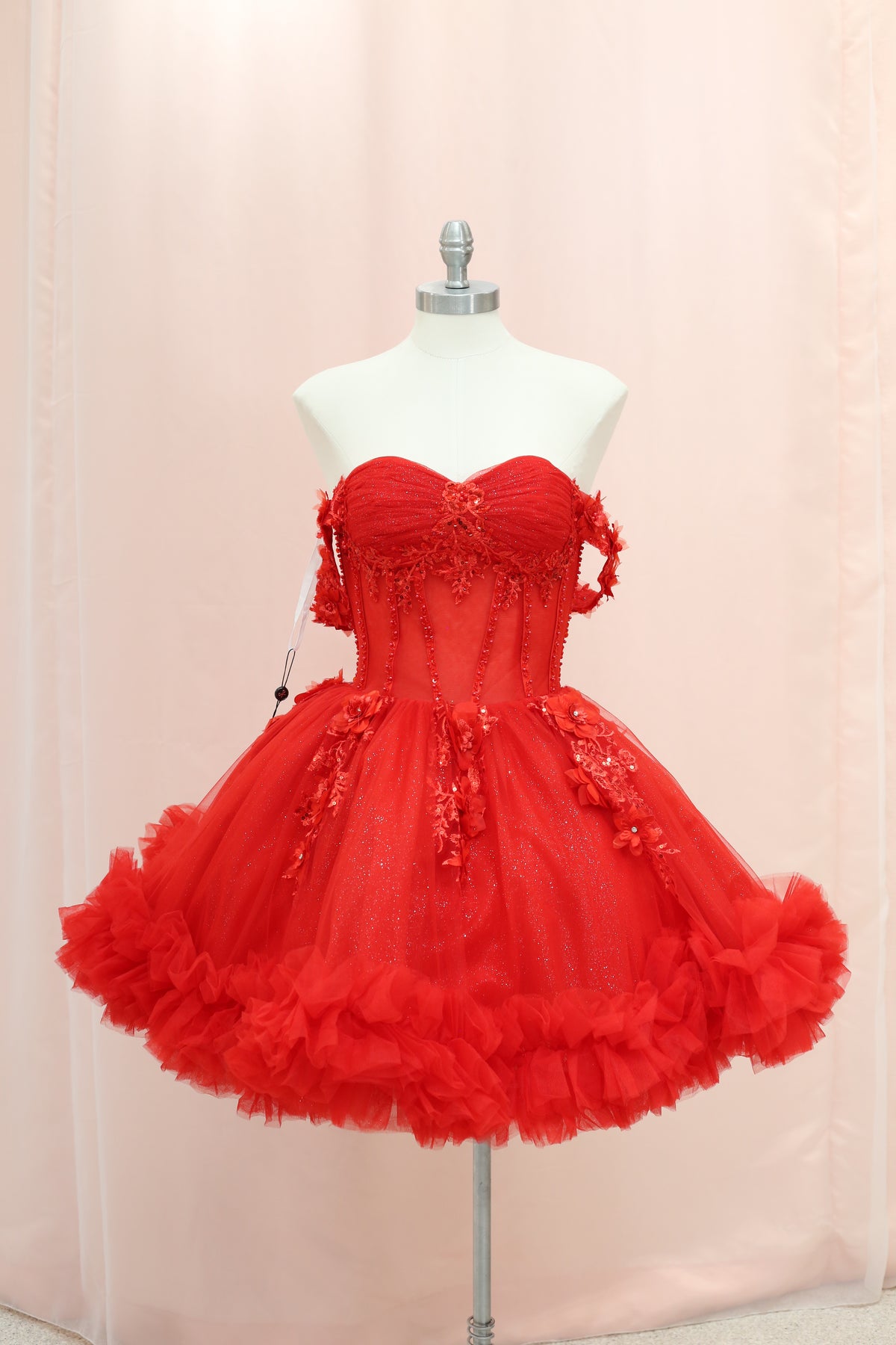 BM1-01 Red Off-Shoulder Floral Corset Baile Sorpresa Dress