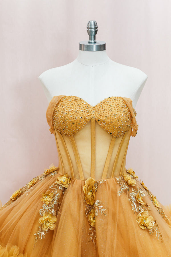 BM1-01 Gold Floral Corset Baile Sorpresa Dress — alternate view — Boutique Moroleon Sacramento