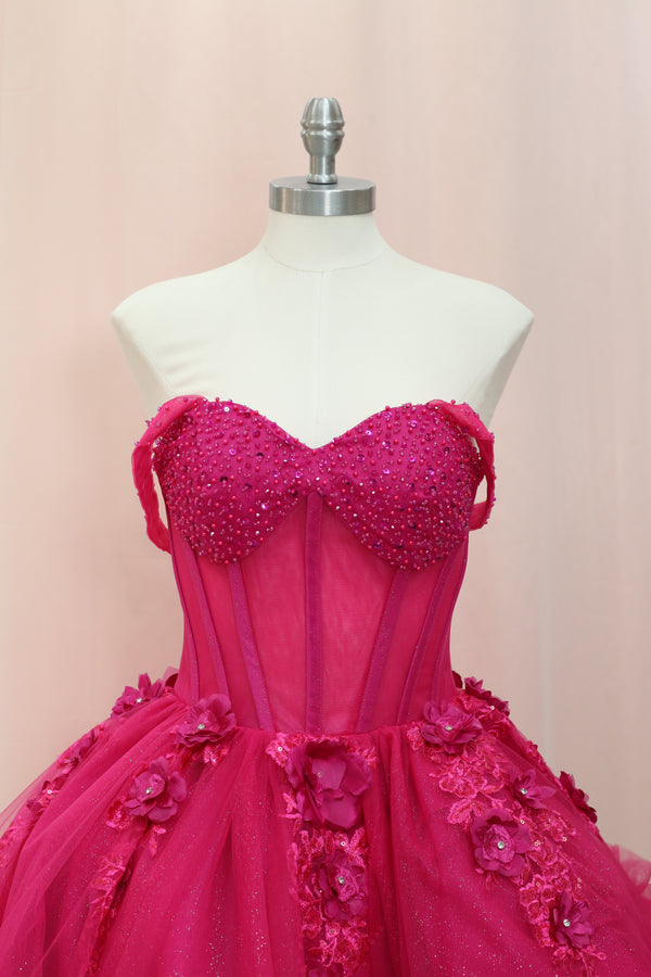 BM1-01 Fuchsia Floral Corset Baile Sorpresa Dress — alternate view — Boutique Moroleon Sacramento