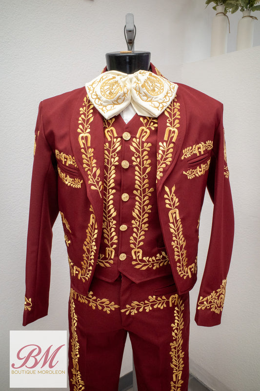 Wine Charro Suit with Gold Embroidery