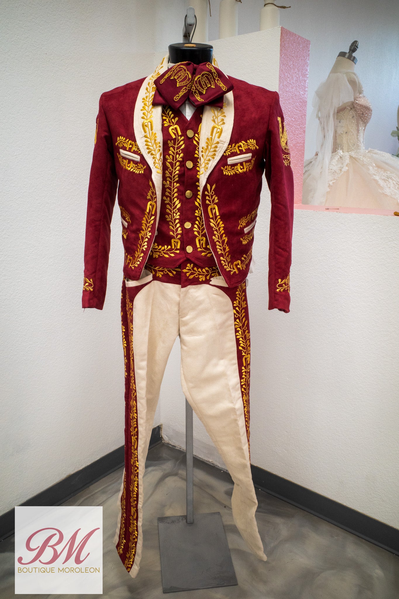 Burgundy Suede Charro Suit with Gold Embroidery