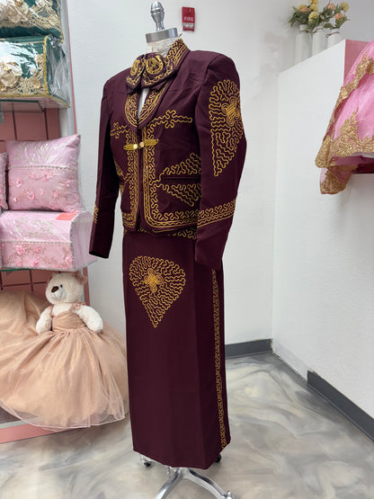 Traje Charro Burgandy/Oro Mujer Economico