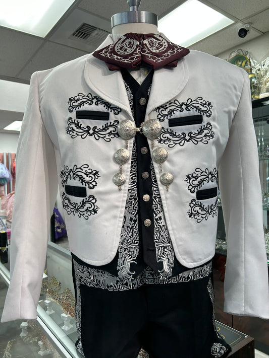 Charro Suit White W/ Black Embroidery