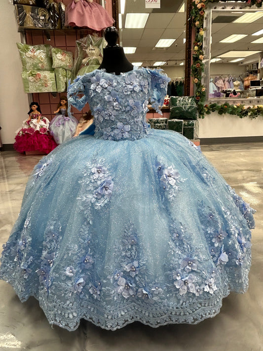 mini quinceanera dresses Girls Sequin Applique Gown by Quince 80026MQ 2 / Sky Multi applique detail on skirt Mini quince dress by Bella