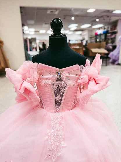 Pink Petal Bow Mini Quinceañera Gown