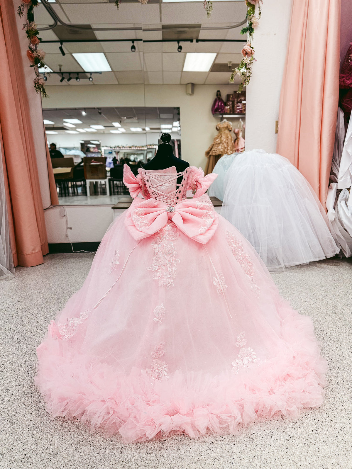 Pink Petal Bow Mini Quinceañera Gown