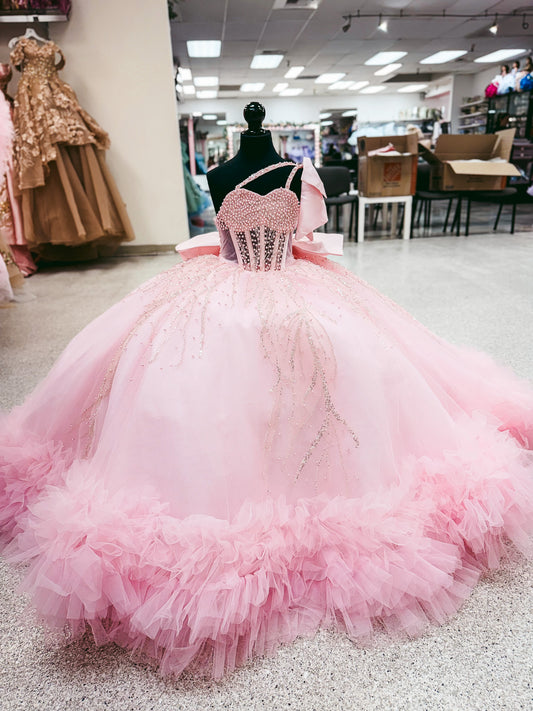Pink Sparkle Cascade Mini Quinceañera Gown