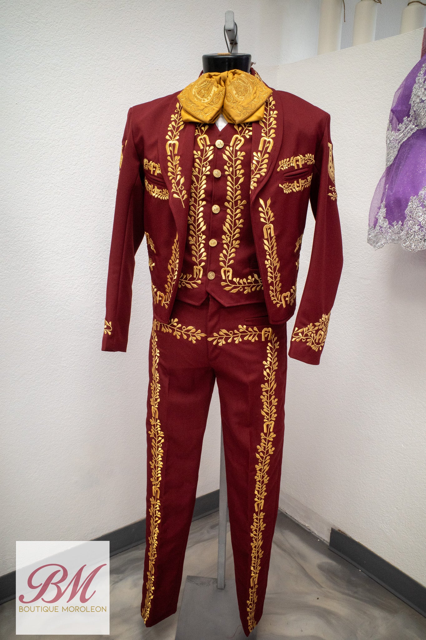 Wine Charro Suit with Gold Embroidery
