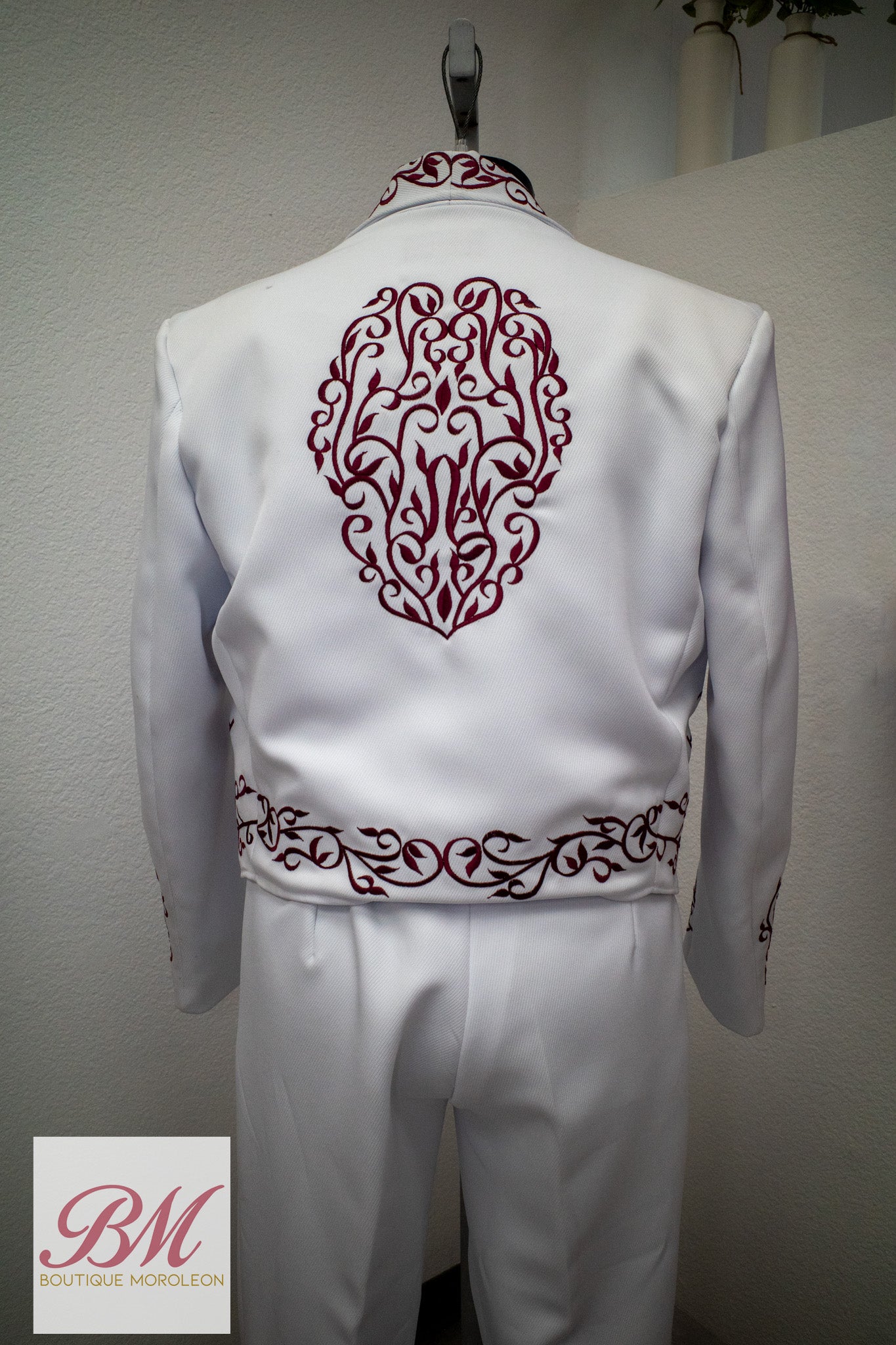 White Charro Suit with Burgundy Embroidery