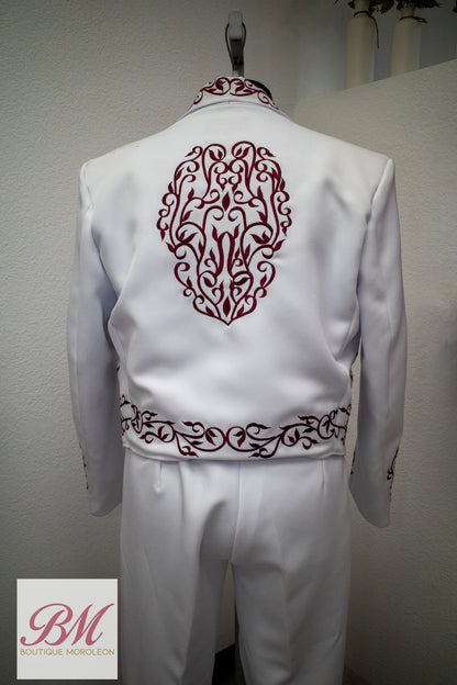 Classic Charro Suit White/Burgundy Embroidery
