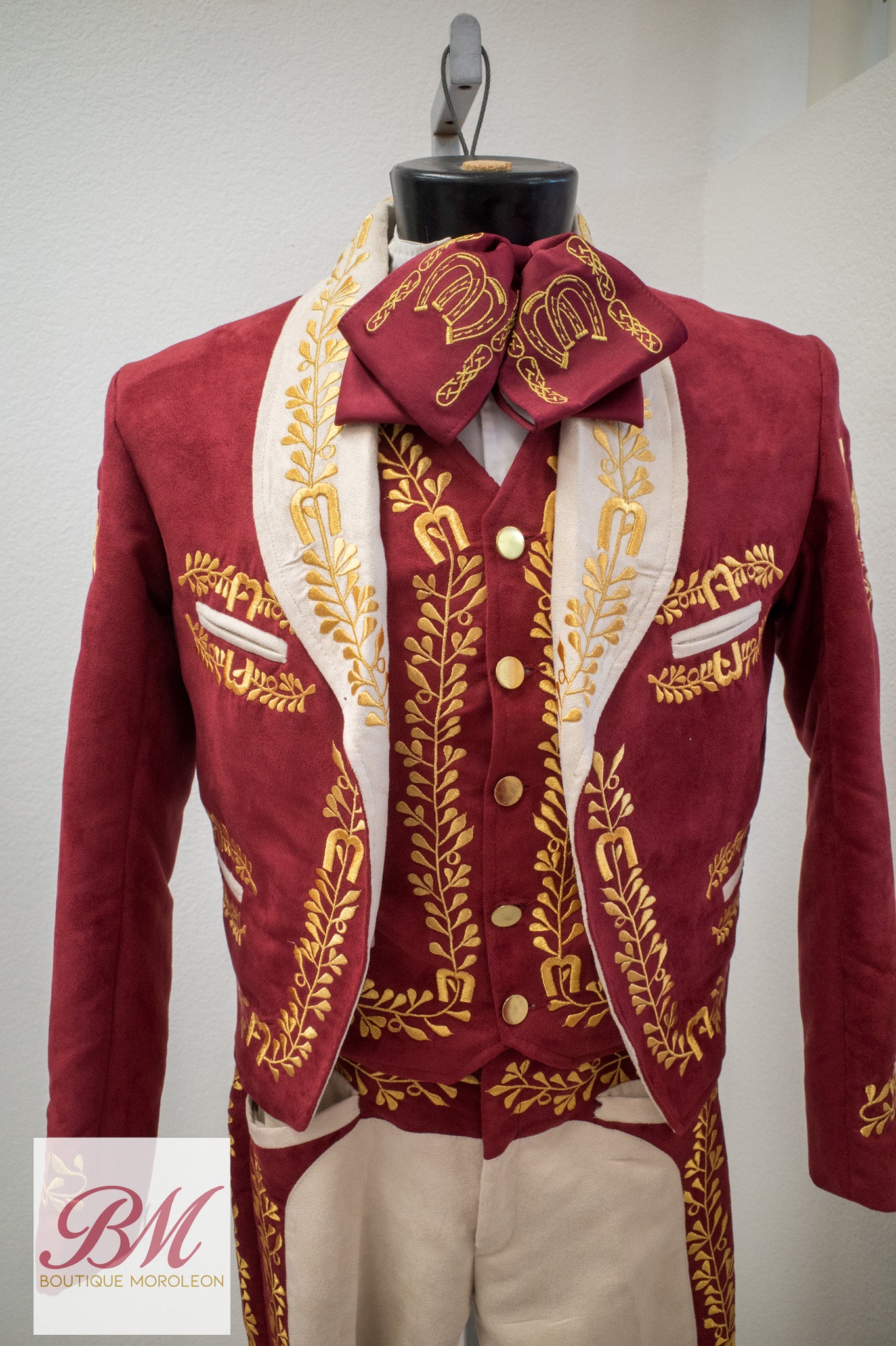 Burgundy Suede Charro Suit with Gold Embroidery