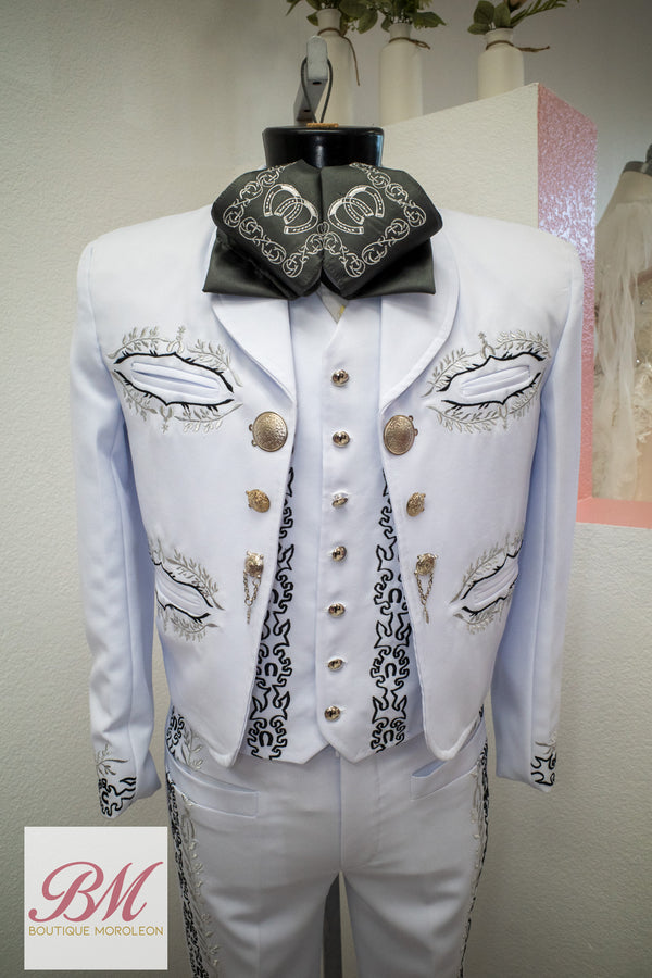 Classic Charro Suit White/Silver Embroidery — alternate view — Boutique Moroleon Sacramento