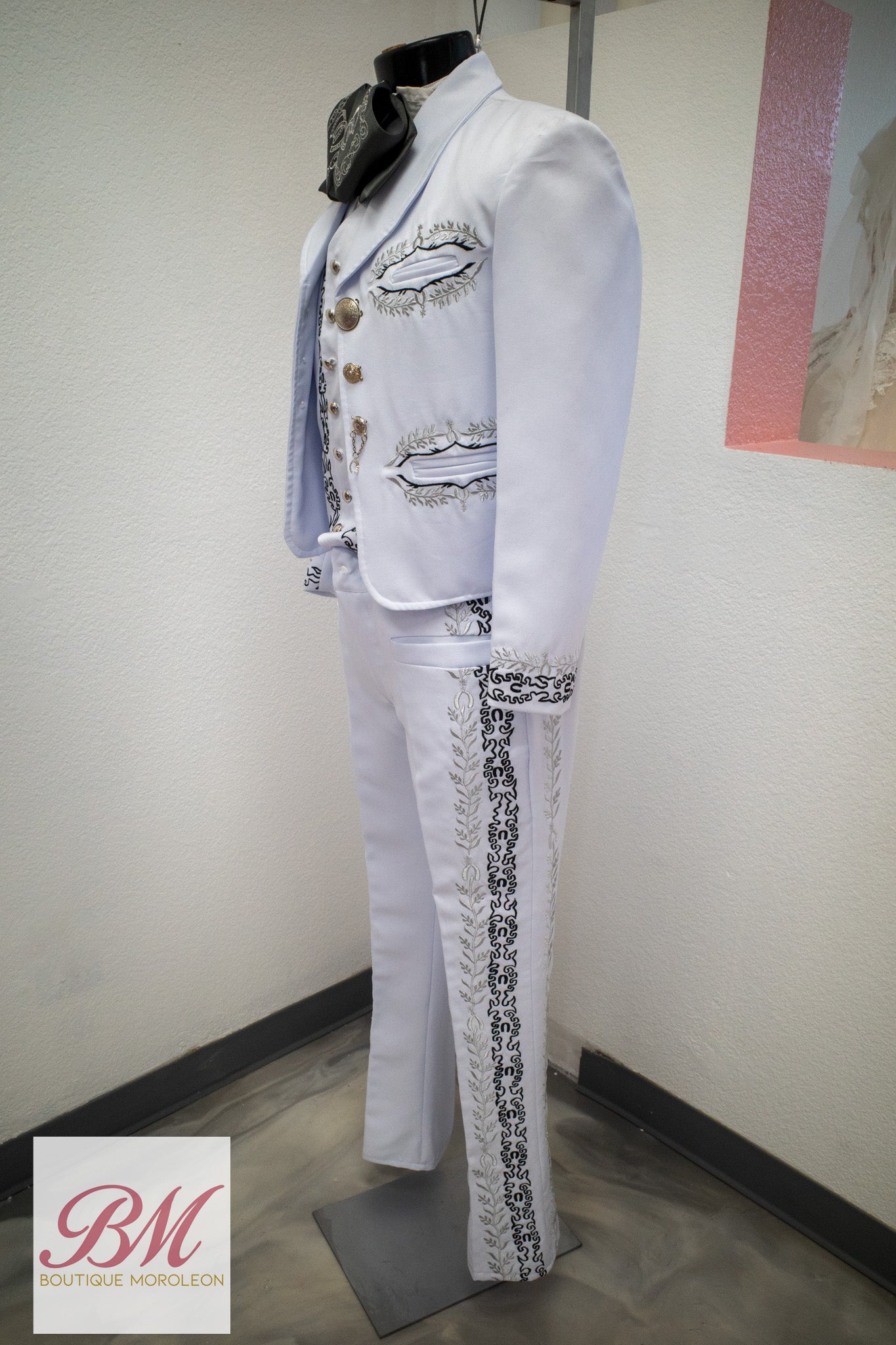 White Charro Suit with Burgundy Embroidery