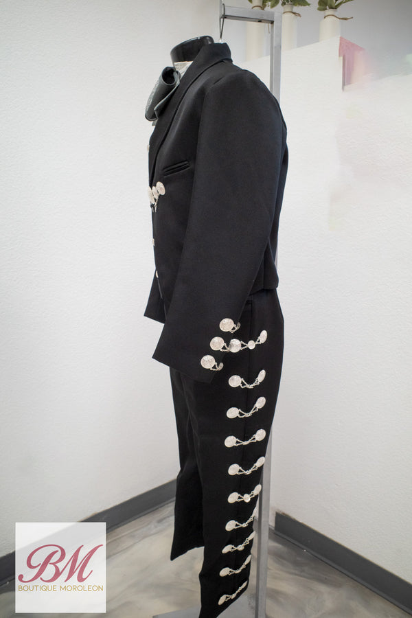 Classic Charro Suit Black with Silver Buttons — alternate view — Boutique Moroleon Sacramento