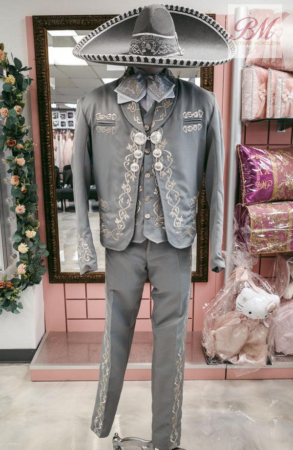 Classic Charro Suit Grey / Silver Embroidery — Charro suit Sacramento CA — Boutique Moroleon