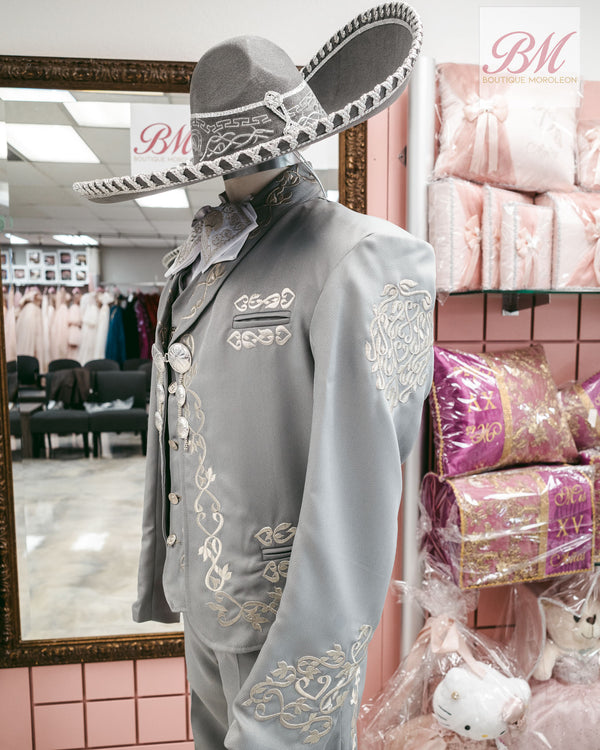Classic Charro Suit Grey / Silver Embroidery — alternate view — Boutique Moroleon Sacramento