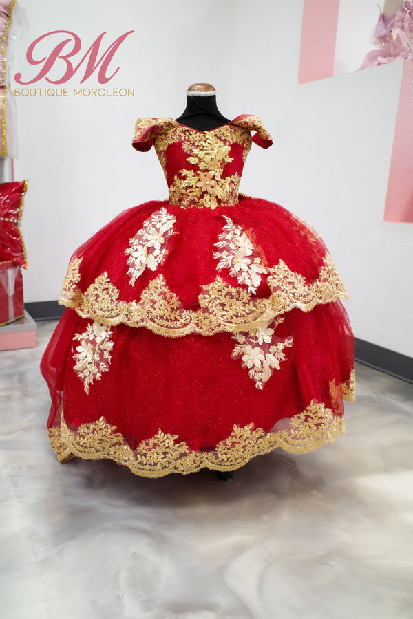 Mini Quince Dress Rojo con Oro — girls quinceañera dress at Boutique Moroleón Sacramento