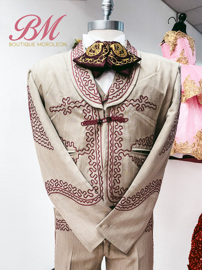 Economic Charro Suit Beige/Burgundy