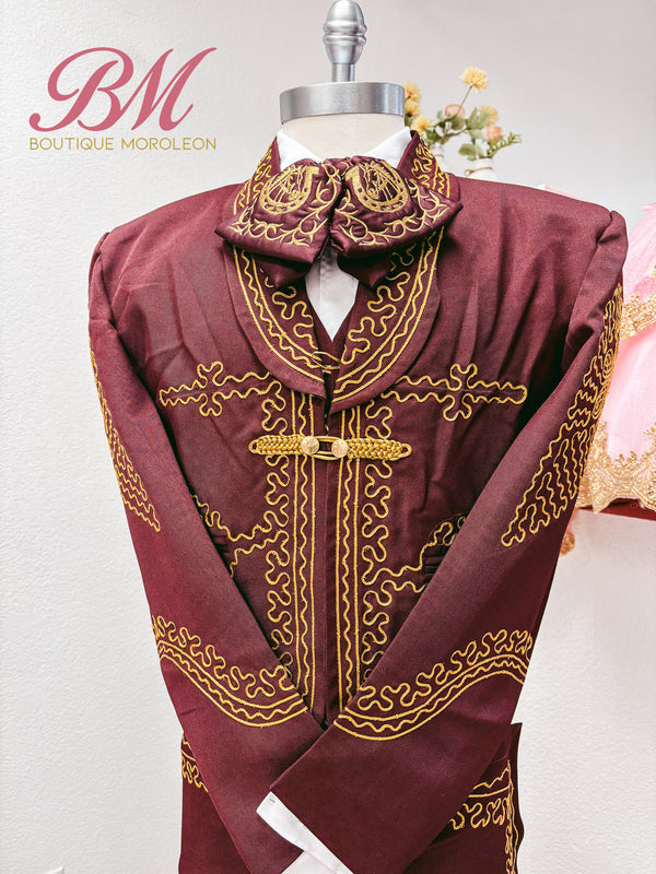 Economic Charro Suit Burgandy/Gold — alternate view — Boutique Moroleon Sacramento
