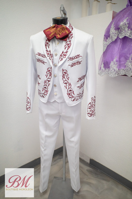 White Charro Suit with Burgundy Embroidery