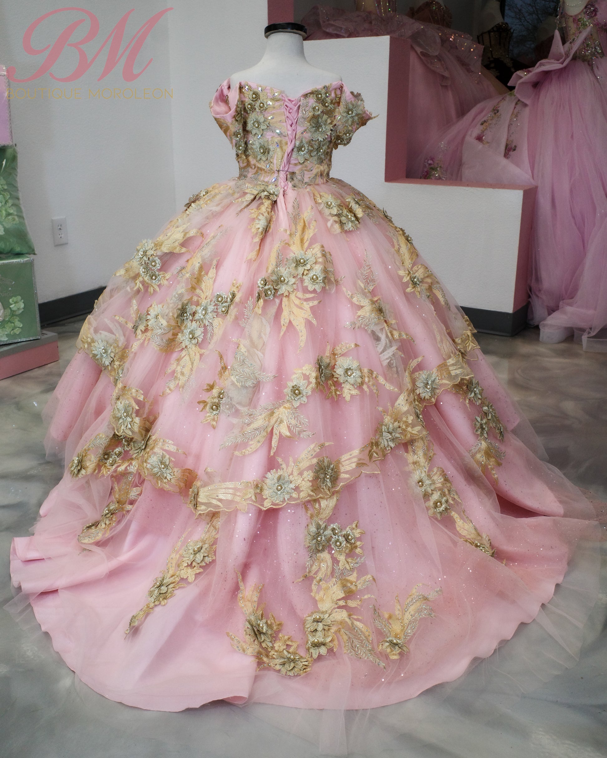 pink and gold quince dress Mini Quinceañera Dress in Pink with Gold Accents