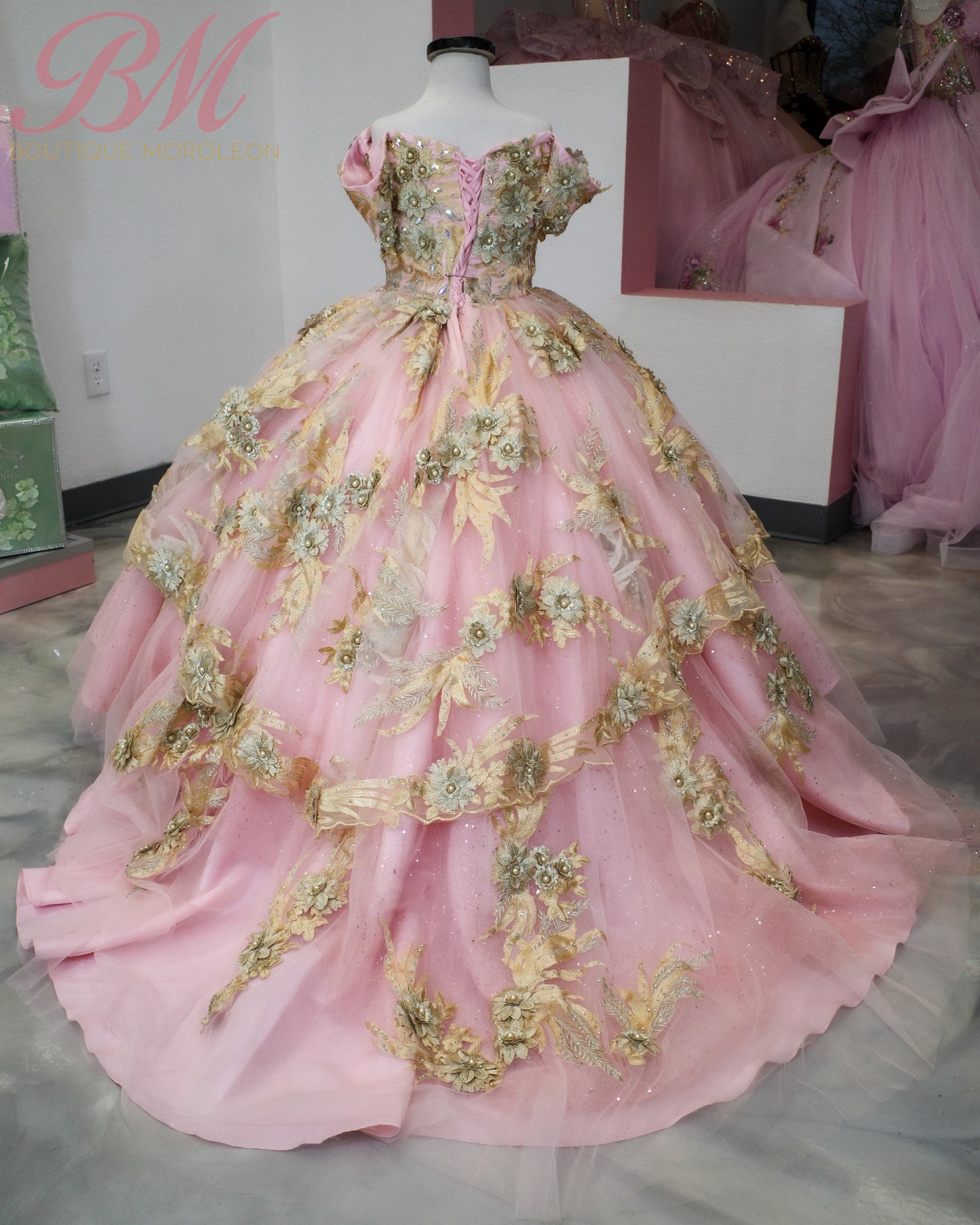 Mini Quinceañera Dress in Pink with Gold Accents