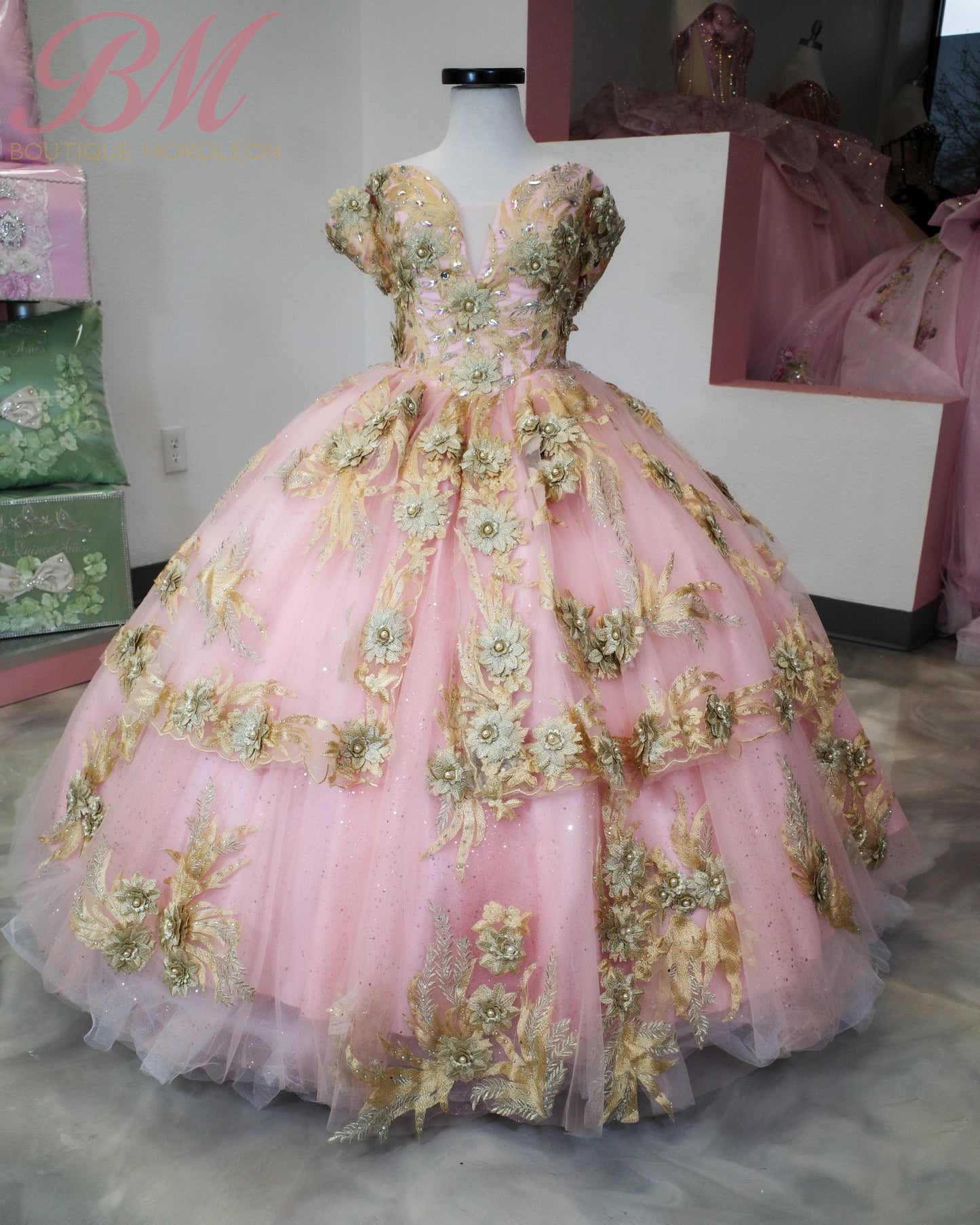 Mini Quinceañera Dress in Pink with Gold Accents