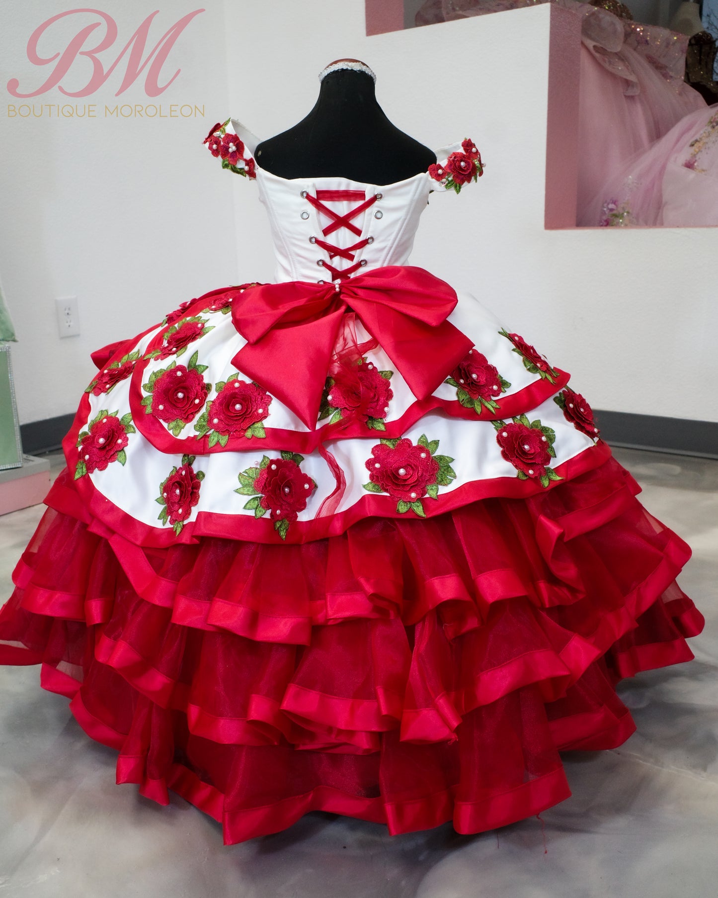 Mini Quinceañera Dress in Ivory with Red Accents