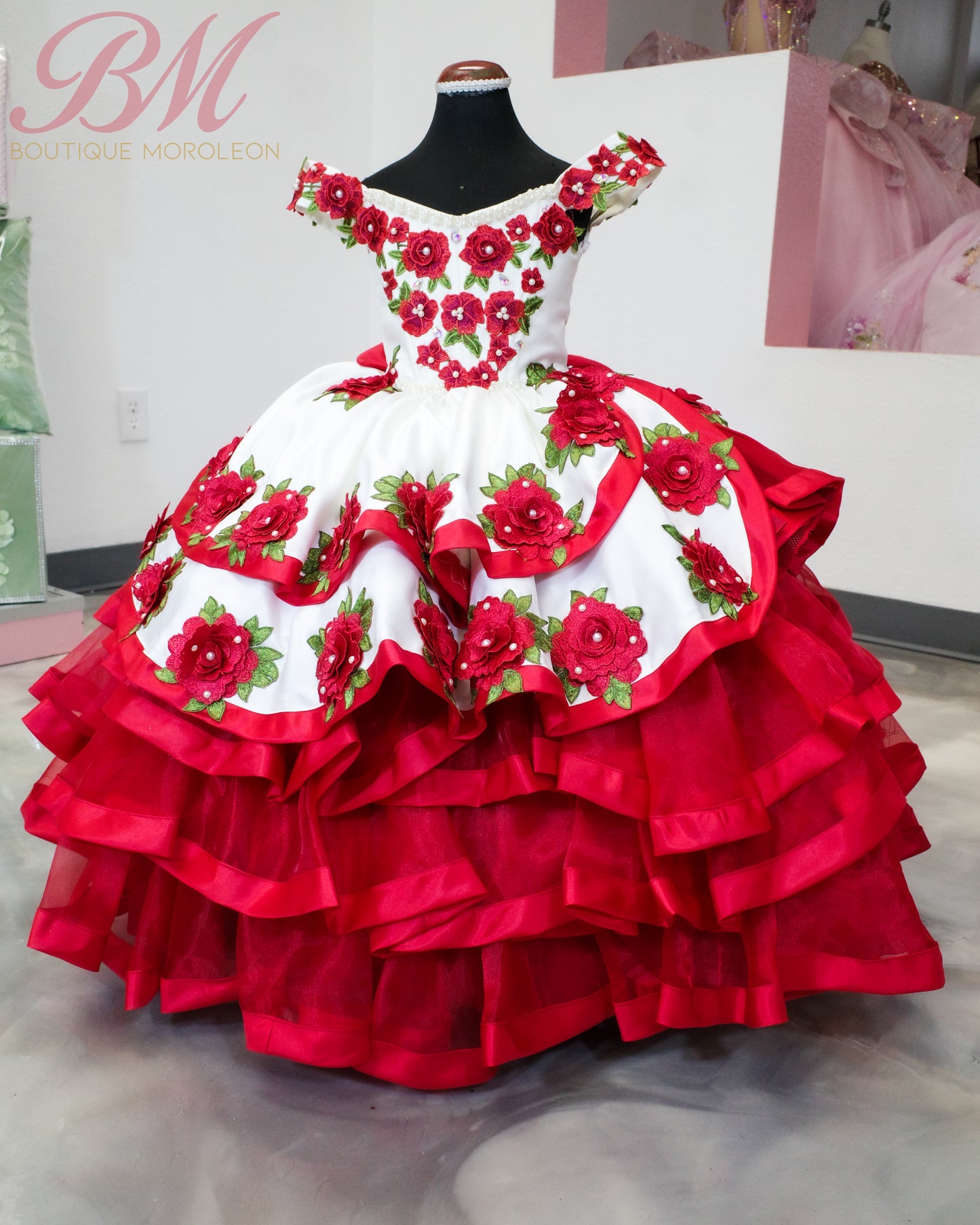 Mini Quinceañera Dress in Ivory with Red Accents