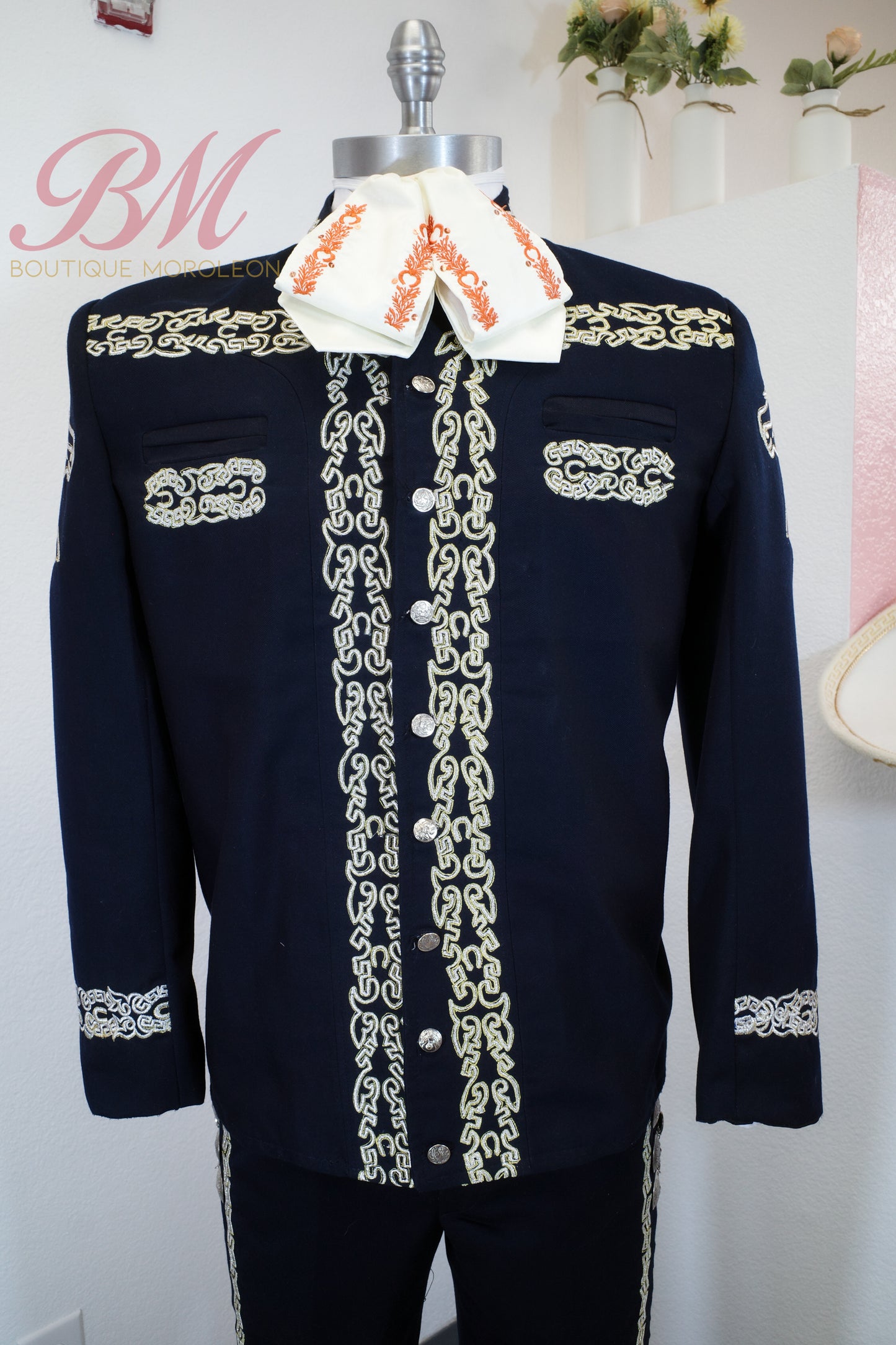 Navy Cadet-Style Charro Suit with Silver Embroidery