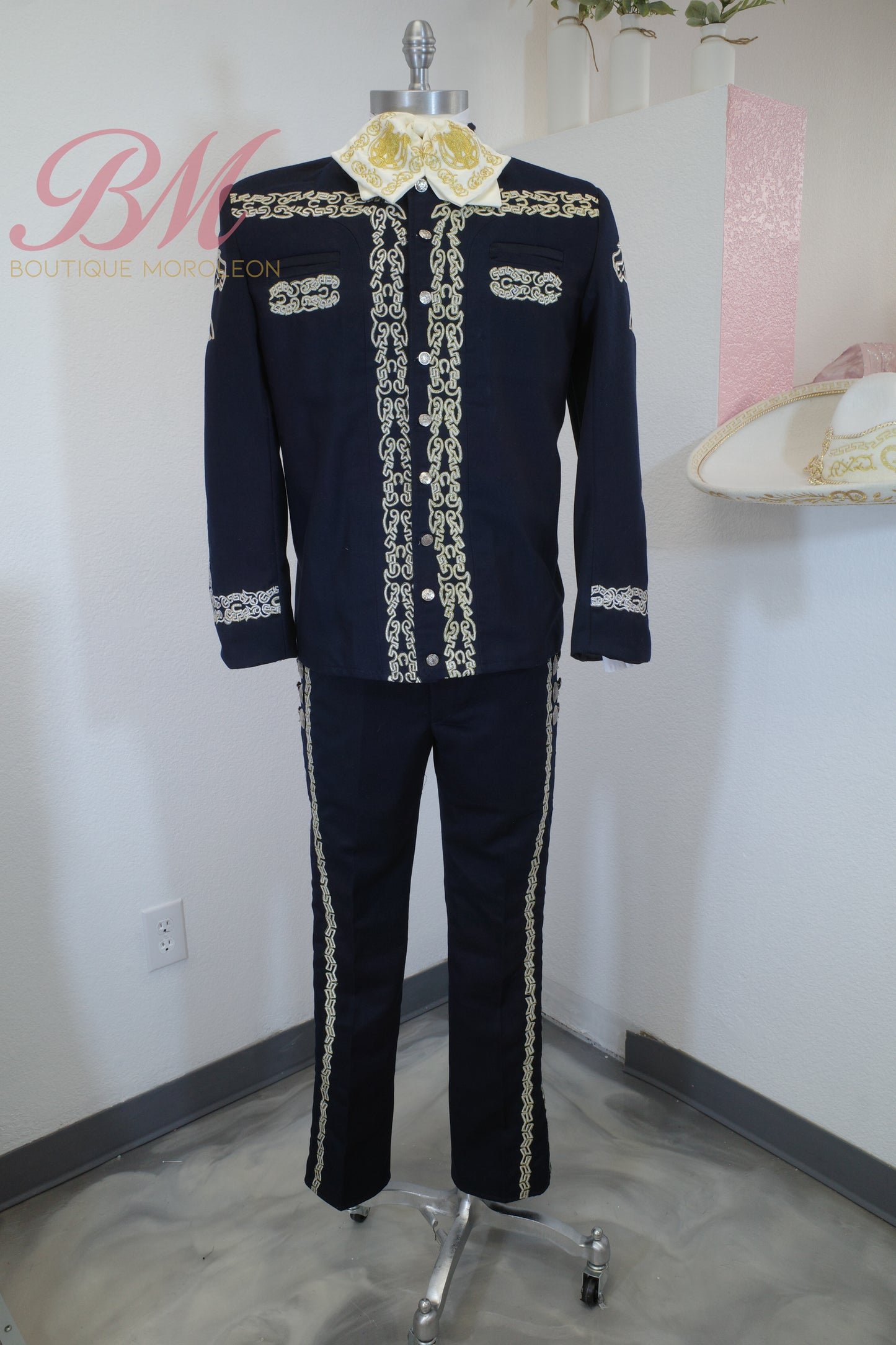 Navy Cadet-Style Charro Suit with Silver Embroidery