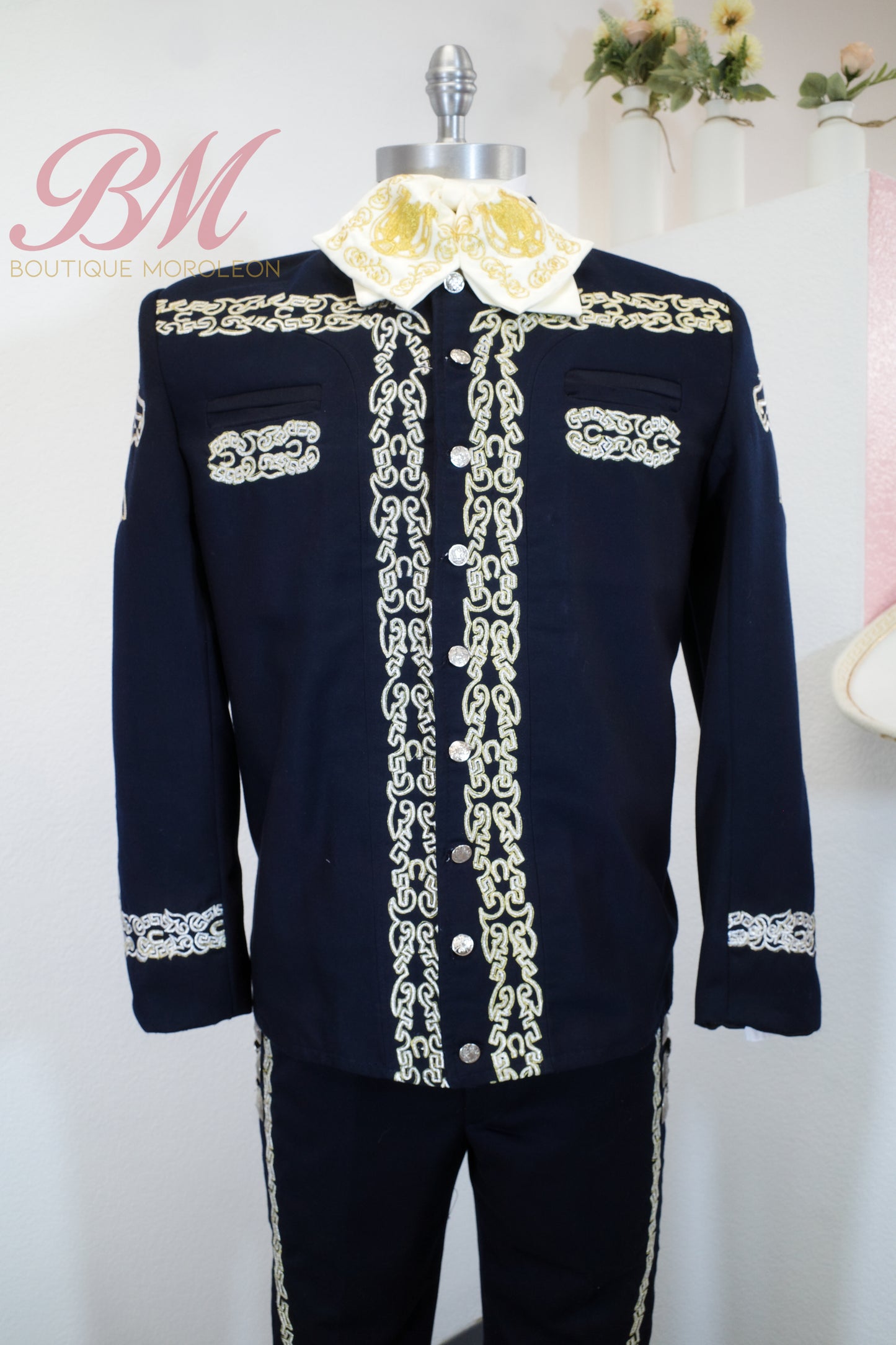 Navy Cadet-Style Charro Suit with Silver Embroidery