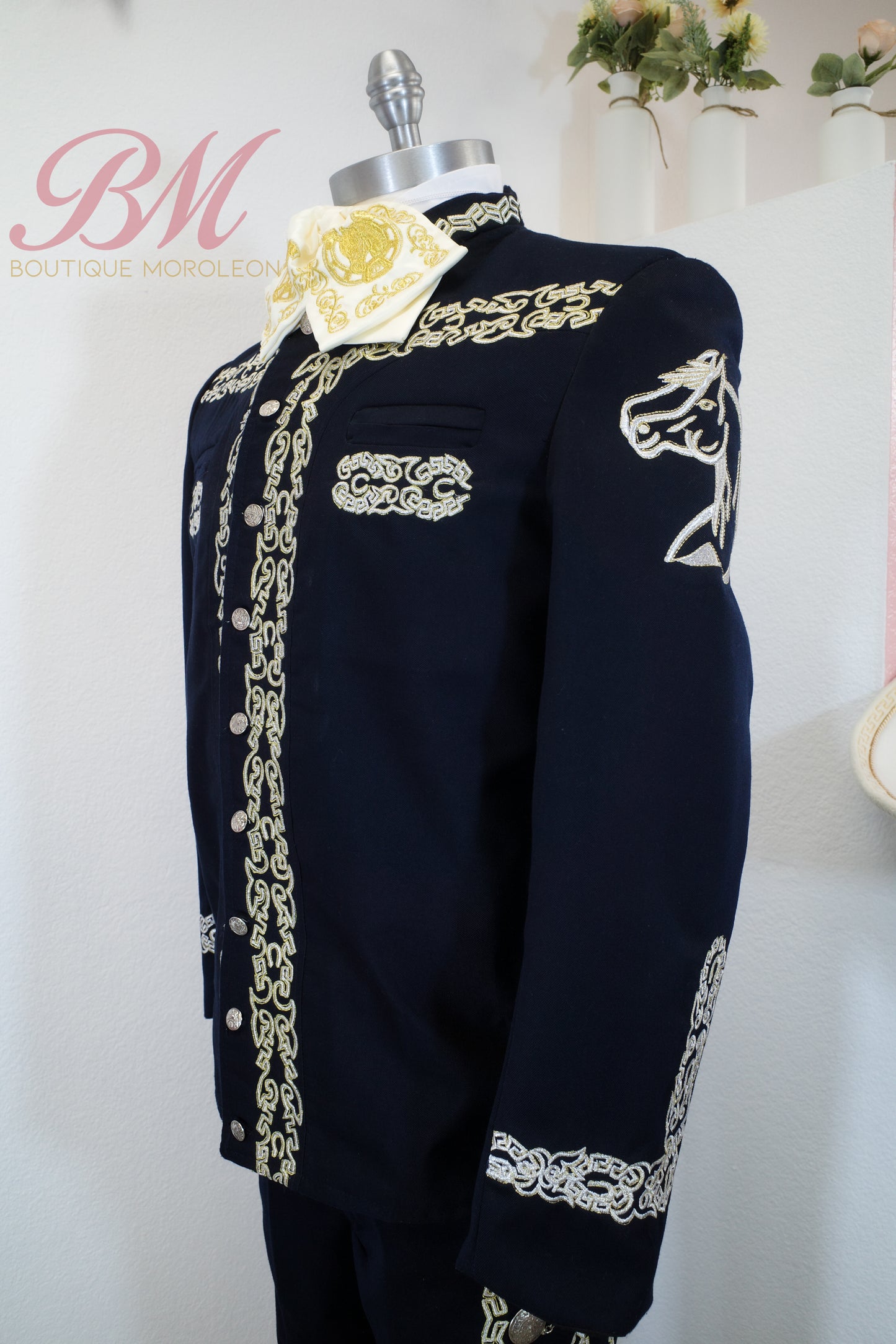 Navy Cadet-Style Charro Suit with Silver Embroidery