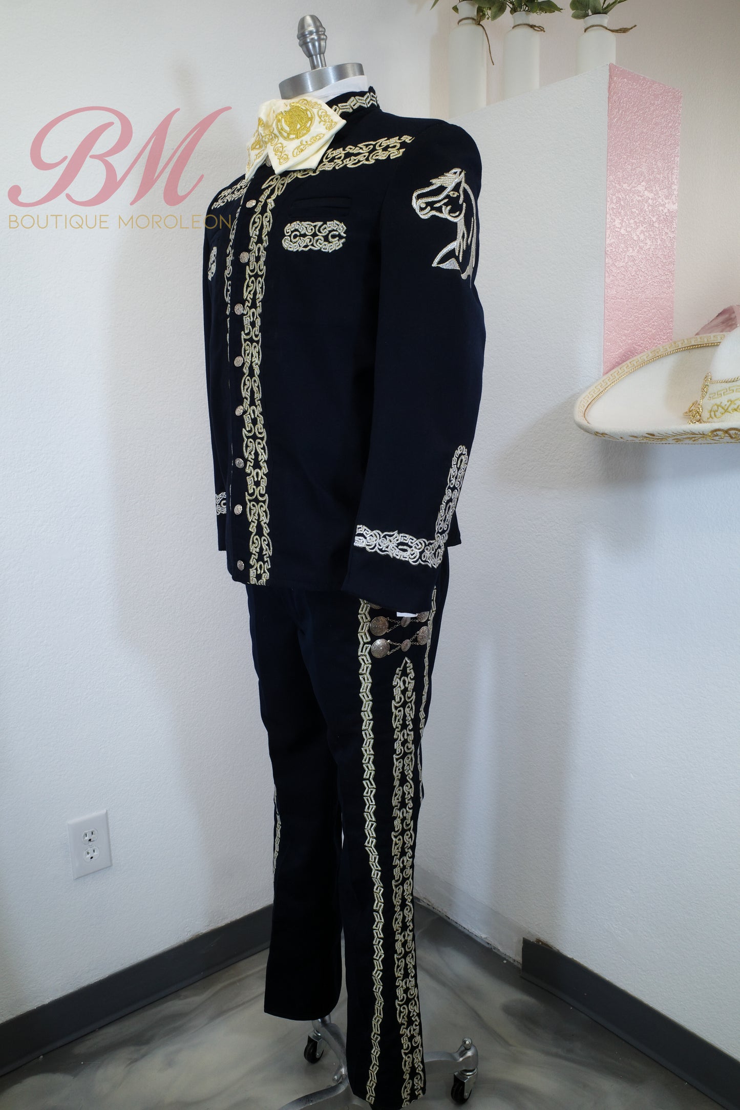 Navy Cadet-Style Charro Suit with Silver Embroidery