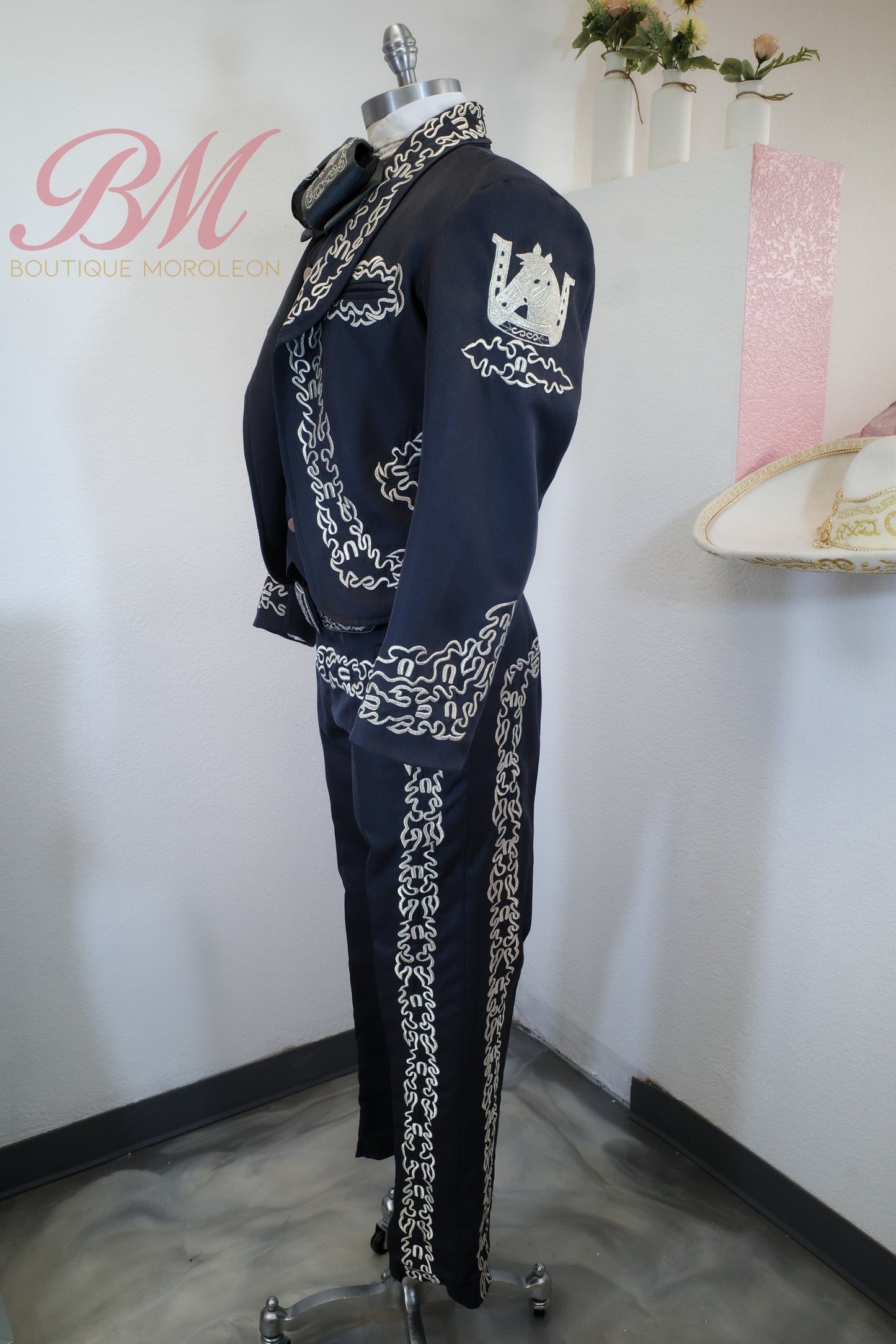 Dark Grey Charro Suit with Silver Embroidery