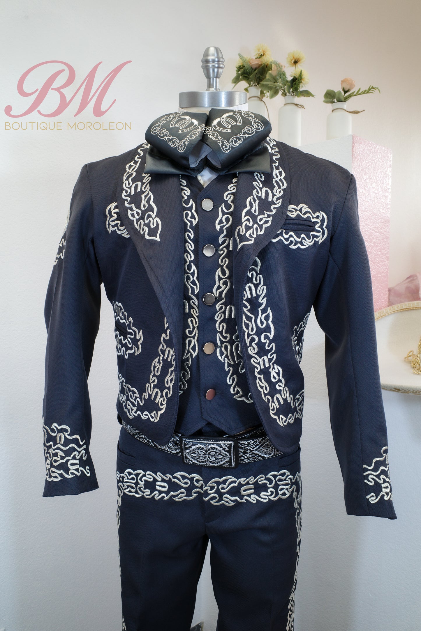 Dark Grey Charro Suit with Silver Embroidery