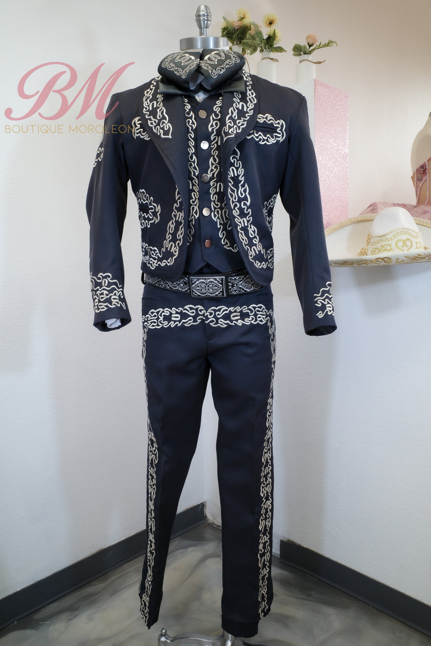 Dark Grey Charro Suit with Silver Embroidery